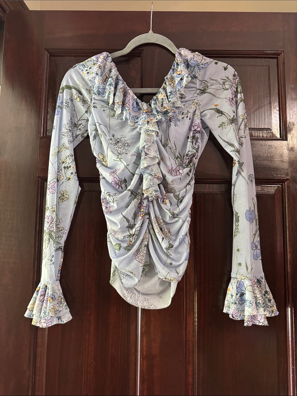 Floral Ruffle Ruched Long-Sleeve Top - Light Lavender